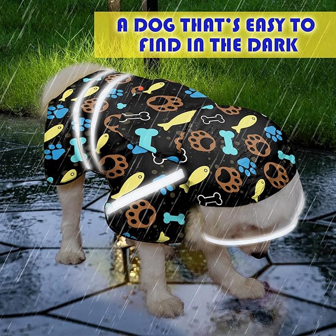 Dog Raincoat, Adjustable Dog Rain Jacket with Clear Hooded Double Layer for Large Medium Small Dogs Puppies, Waterproof Rain Coat Poncho Paw Print, Black-L