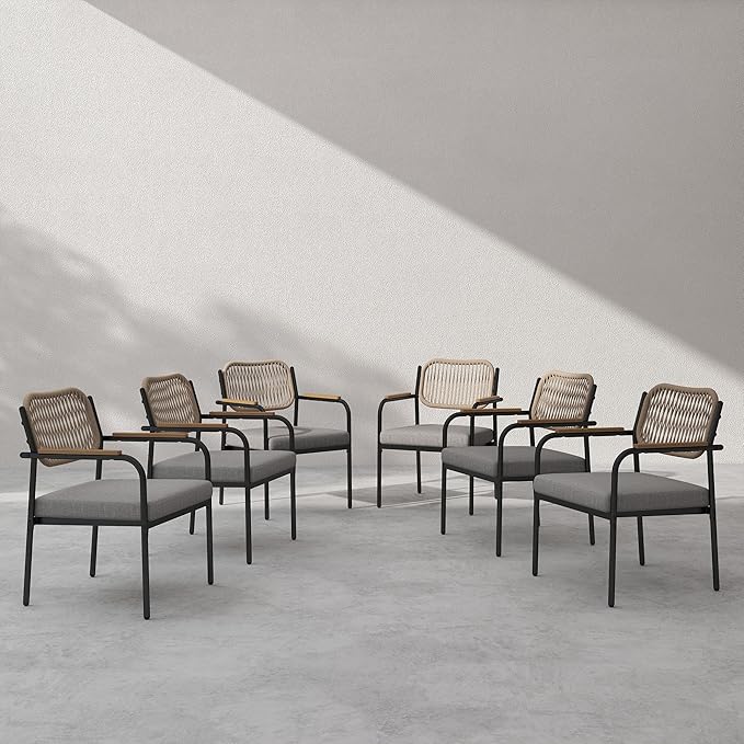 Outdoor Dining Chairs Set of 6, Wicker Patio Dining Chairs with Removable Cushions, Rectangle Patio Table Chair, All Weather Outdoor Chairs, Metal Lawn Chair for Adults/Indoor/Balcony, Gray