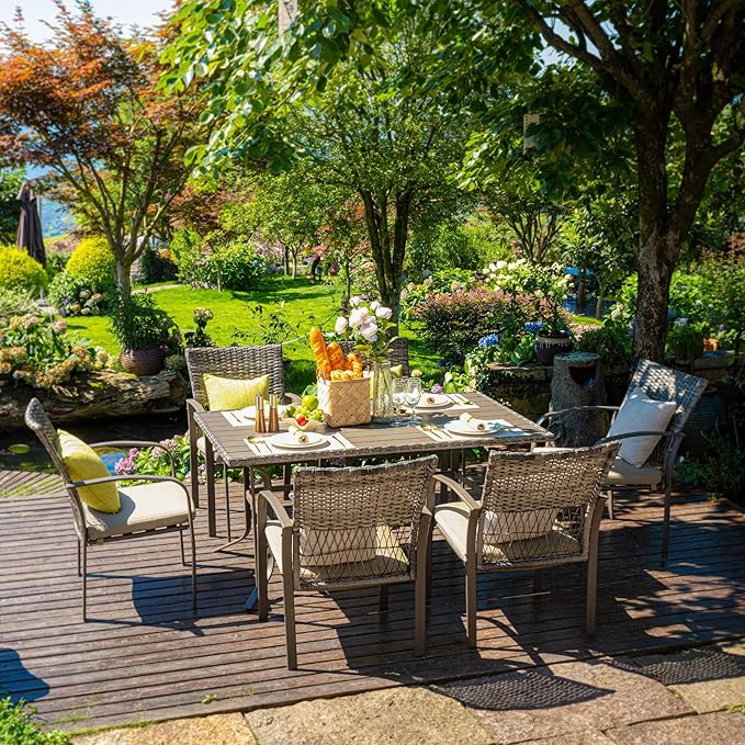 Pamapic 8504 Patio Dining 7 Piece, Outdoor Wicker Furniture Set for Backyard Garden Deck Poolside/Iron Slats Table Top, Removable Cushions, 7 Pack, Beige