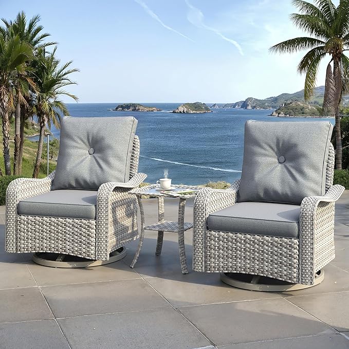 3 Piece Outdoor Wicker Patio Furniture Set,High Back Swivel Rocker Patio Chairs with 4" Thickened Cushions & Side Table, All-Weather PE Rattan for Garden, Backyard, Porch, Grey