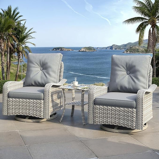 3 Piece Outdoor Wicker Patio Furniture Set,High Back Swivel Rocker Patio Chairs with 4" Thickened Cushions & Side Table, All-Weather PE Rattan for Garden, Backyard, Porch, Grey