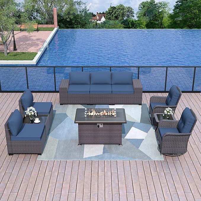 Kurapika 10 Pieces Patio Furniture Set, Rattan Wicker Outdoor Conversation Sets w/43in Propane Fire Pit Table, Swivel Rocking Chairs Patio Sectional Sofa w/4 Inch Cushion, Navy Blue