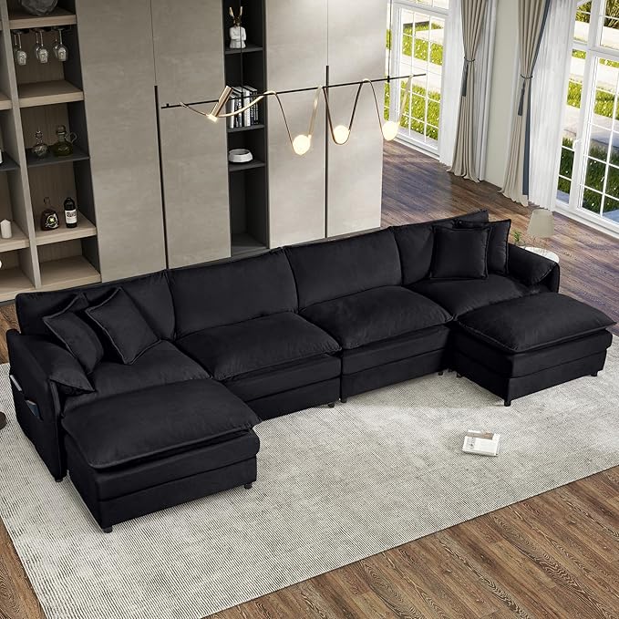 143.31" Oversized Extra Deep Seat Modern Chenille Cloud Couch, Large 4 Seater U Shaped Modular Sofa for Living Room,Bedroom,Apartment,Office (Black, 143.31 Inch-U Shape)
