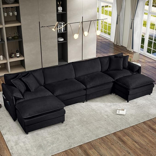 143.31" Oversized Extra Deep Seat Modern Chenille Cloud Couch, Large 4 Seater U Shaped Modular Sofa for Living Room,Bedroom,Apartment,Office (Black, 143.31 Inch-U Shape)