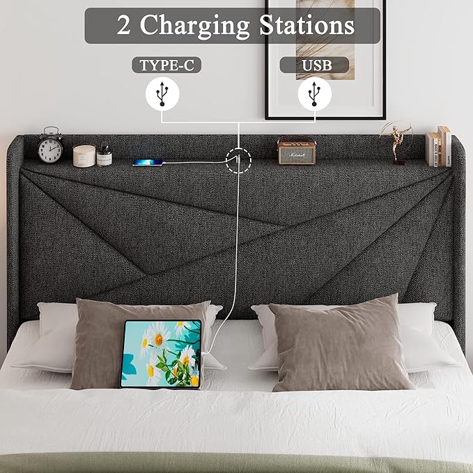 Feonase Queen Size Bed Frame with Charging Station, Linen Platform Bedframe with Wingback Storage Headboard, Solid Wood Slats Support, No Box Spring Needed, Noise Free, Dark Gray