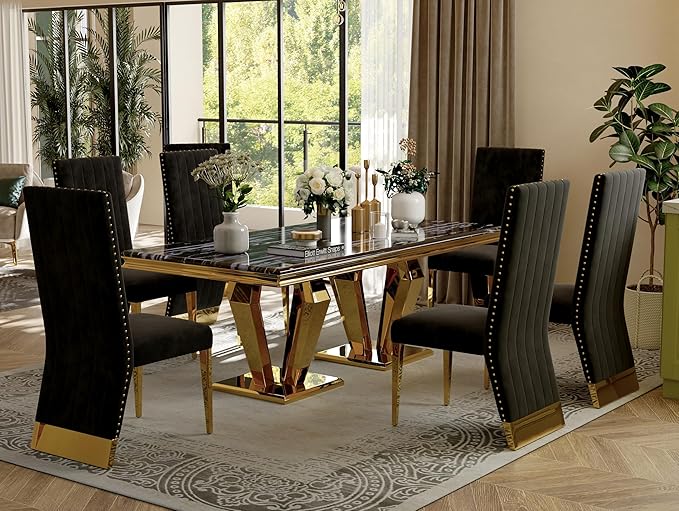 AUZ Black and Gold Dining Chairs Set of 4, Black Velvet Dining Room Chair with Nailhead Trim and Gold Polished Metal Legs, Luxury High Back Dining Chairs