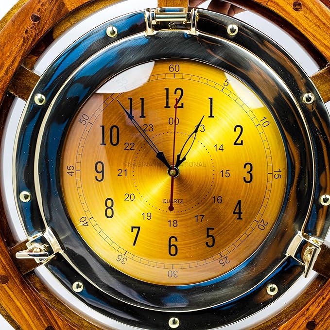 Nagina International 24" Exclusive Pirate's Nautical Ship's Steering Wheel Styled Porthole Clock | Lavish Wall Decor Gifts & Collectible