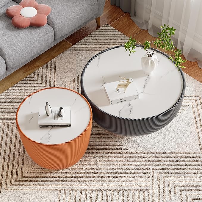 Round Coffee Table Set with Sintered Stone Tabletop, 27.56" Grey Drum Center Table and 19.69" Orange Coffee Table Set, 2 Pieces Living Room Table Set with Fluted PU Leather Cover& Metal Base