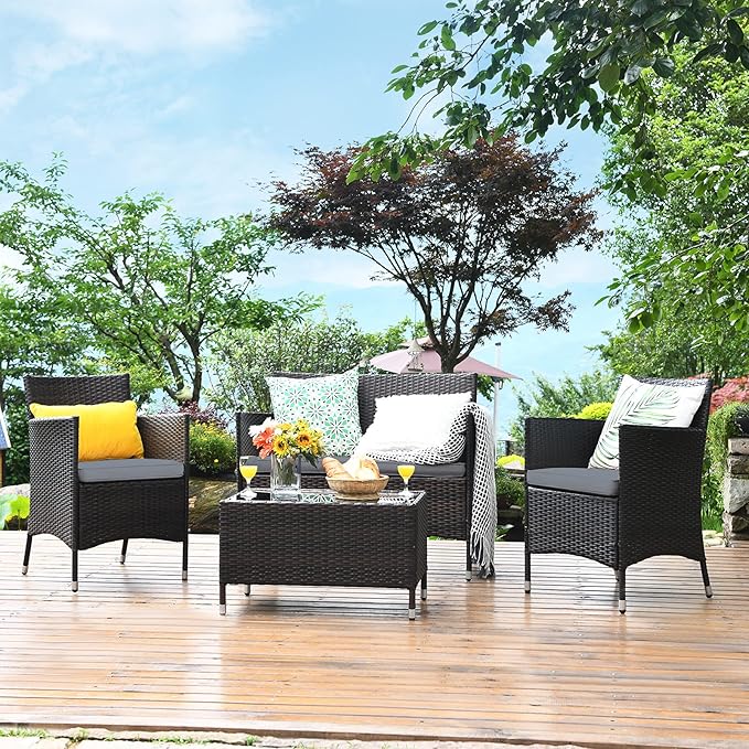 Tangkula 4 PCS Patio Rattan Conversation Set, Outdoor Wicker Furniture Set with Tempered Glass Coffee Table &Thick Cushion, Rattan Chair Wicker Set for Garden, Lawn, Poolside and Backyard (1, Gray)