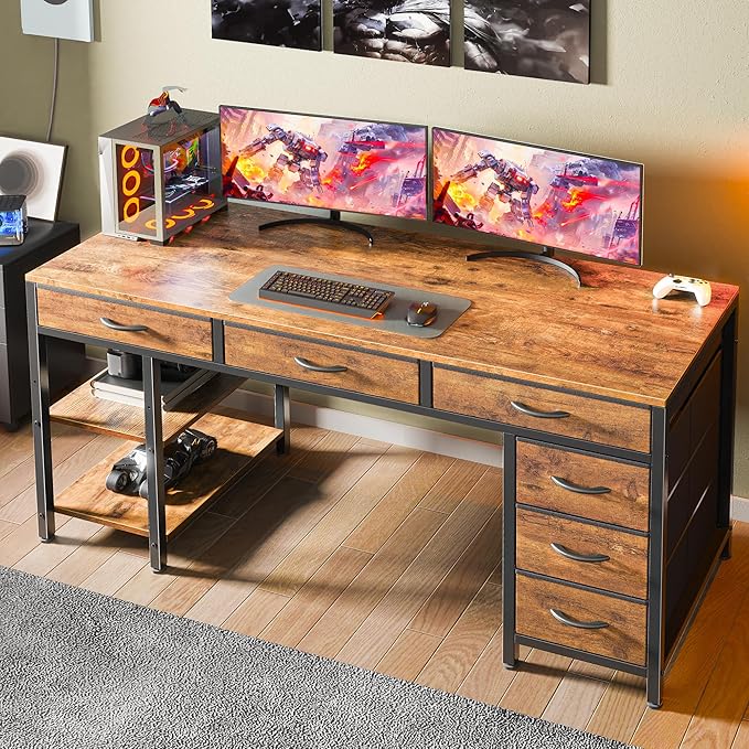 Huuger Computer Desk with 6 Drawers, 54 Inch Office Desk with Shelves, Reversible Gaming Desk, Corner Desk with Storage, Work for Home Office, Study, Living Room, Rustic Brown