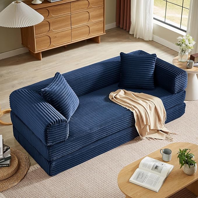 Boneless Couch Sofa Bed Sectional Couches for Living Room,Futon Cloud Couch with Sleeper Sofa,Sofas for Living Room Oversized Corduroy Upholstered (Blue)