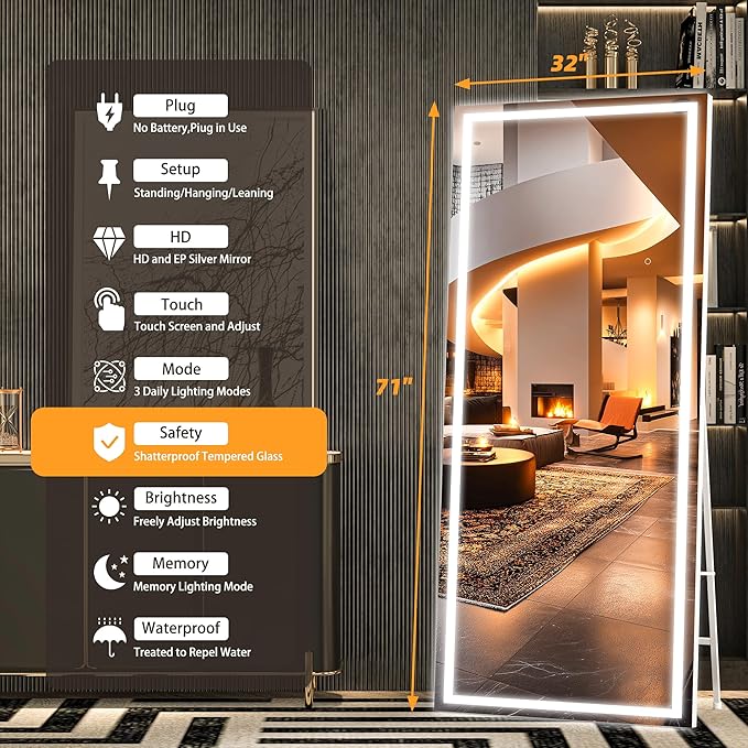 Hasipu Full Length Mirror with Lights, 71" x 32" LED Lighted Floor Standing, Full Body Dressing Hanging Mounted Mirror, Dimmable, Tempered Glass, Safe to Use, Square White