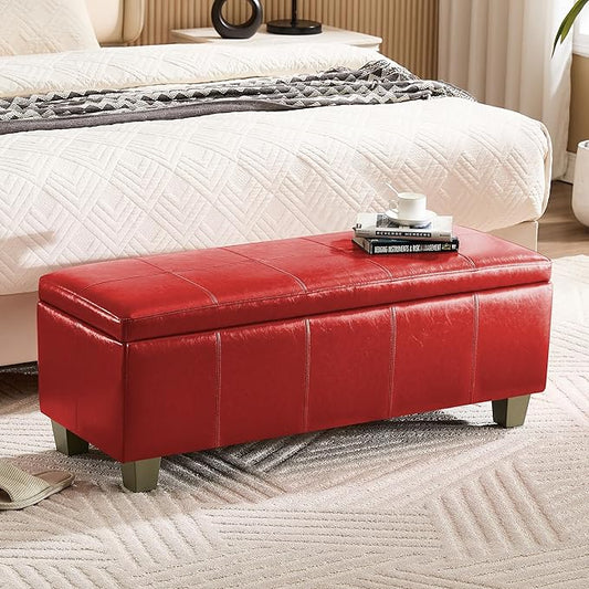 41" Faux Leather Storage Ottoman, Stitch Tufted Rectangle Upholstered End of Bed Storage Bench, Entryway Large Couch Ottoman with Wooden Legs,Red