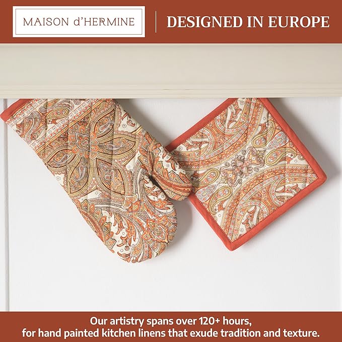 Maison d' Hermine 100% Cotton Oven Mitt & Pot Holder Set (7.5"x13" & 8"x8") Heat Resistant BBQ Cooking Gloves with Loop for Thanksgiving Christmas Decorations Handling Hot Pans (Kashmir Paisley)