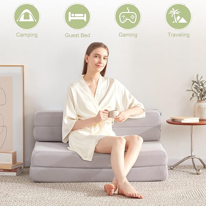 Folding Sofa Bed Foldable Futon Couch Bed 4Inch Sleeper Floor Sofa for Adults, Camper, Guest, with Headrest, Breathable & Washable Cover (Twin)