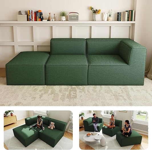 106" Sectional Compressed Sofa Modular Couches,High-Density Foam No Assembly Required,3-Piece(1xCorner 1xArmless 1xOttoman) for Living Room, Chenille Green