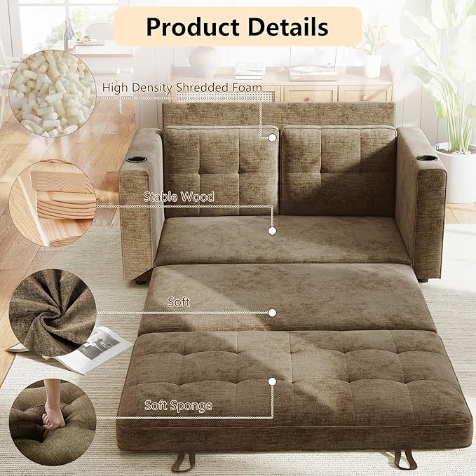 WorthFurni Convertible Sofa Bed, Folding Sofa Bed 2 in1 Pull Out Loveseat Sleeper Sofa, Floor Sofa Bed for Small Spaces Folding Couch Bed with Pillows for Living Room Bedroom - Brown