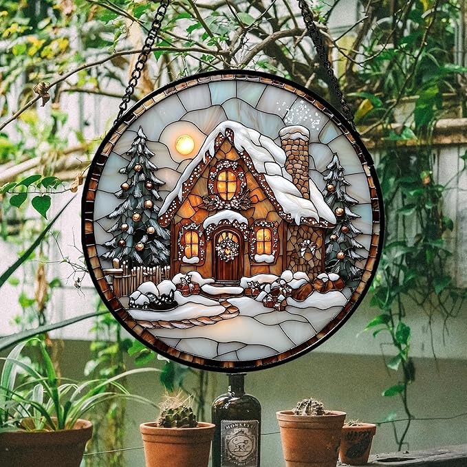 Stained Glass Window Hanging - Christmas Tree Cottage Sun Catcher for Door Garden Home Winter Decor Snowy Night Suncatcher Mother's Day Birthday Gifts for Women Men Mom Nana 6.3 in