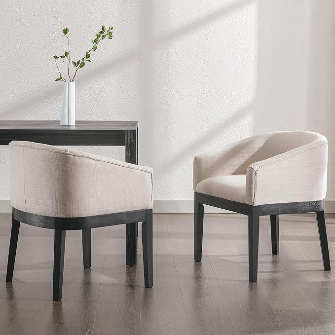 Mid-Century Modern Beige Dining Chairs Set of 8, Linen Upholstered Kitchen Dining Room Chairs with Black Wood Legs, Curved Backrest Armchairs, Beige