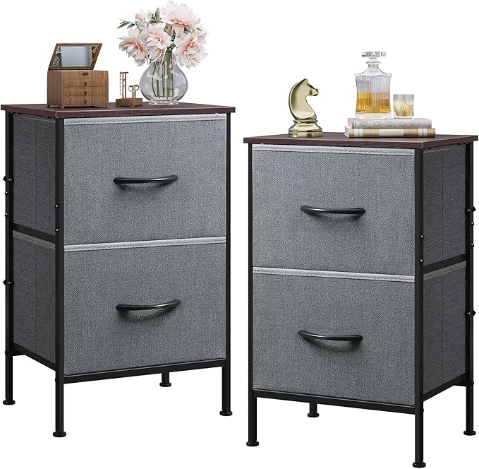 WLIVE Night Stand Set 2, Dresser and Nightstand Sets, Nightstands for Bedroom with 2 Fabric Drawer, End Tables Bedroom Furniture Set, Closet, College Dorm, Dark Grey, Size L