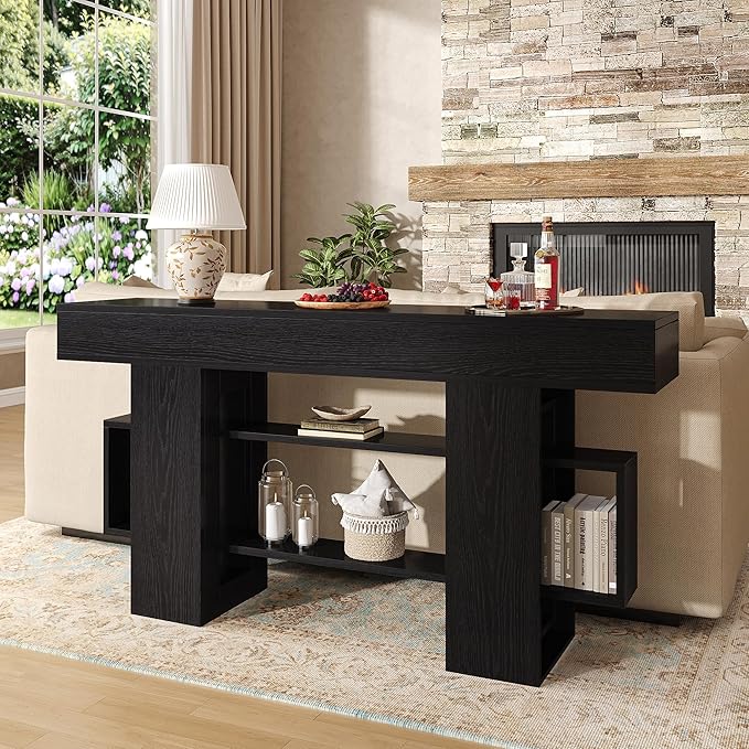 Feonase 63 Inches Long Console Table for Entryway, Wooden Sofa Table Behind Couch with 3-Tier Storage, Modern Narrow Entry Hallway Table for Living Room Foyer Entrance, Black
