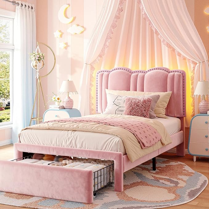 EnHomee Twin Bed Frame with Velvet Cloud Headboard, Storage Drawer and LED, Headboard Height Adjustable, Strong Support, No Box Spring Needed, Easy Assembly, Pink