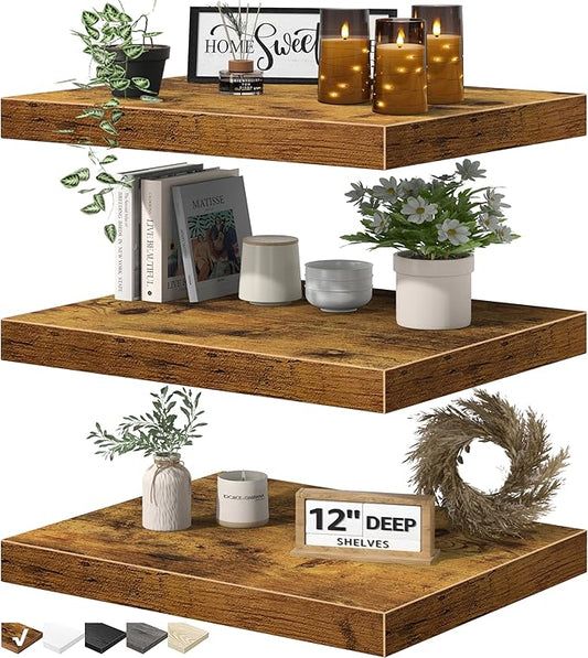 QEEIG 12" Deep Floating Shelves for Wall - 12 x 16 inch Book Shelf Bathroom Bedroom Kitchen Living Room Hanging Bookshelf Farmhouse Set of 3, Brown (026-40BN3)