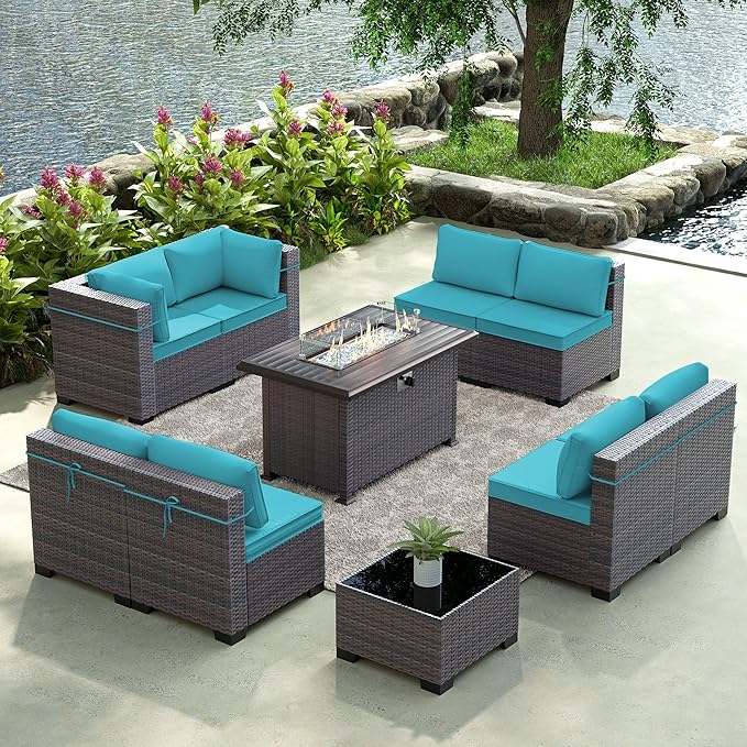 Gotland 10 Pieces Patio Furniture Set with Fire Pit Table, All Weather Rattan Outdoor Furniture with 29.5'' High Backrest 4’’ Thick Cushions Coffee Table, Outdoor Sofa for Deck, Garden, Backyard, Blue