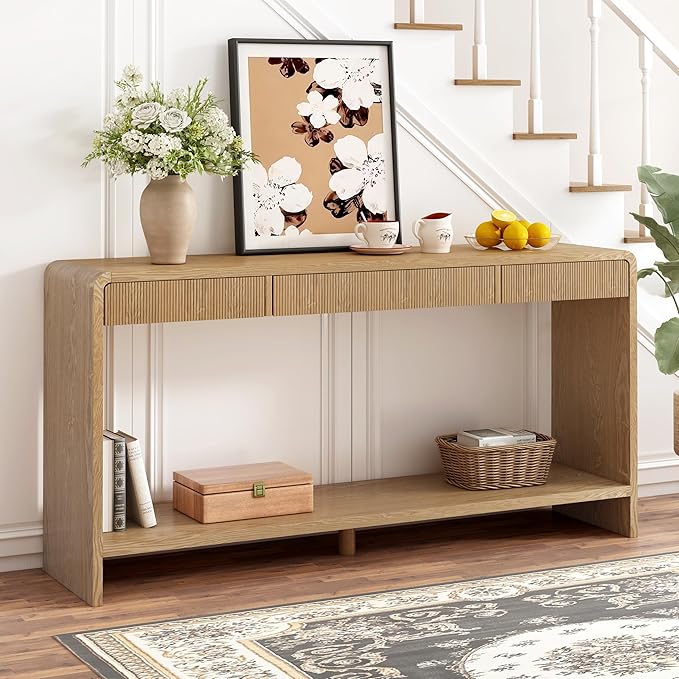 Modern Fluted Entryway Console Table 59’’ Long Entry Sofa Table with Drawers & Storage Shelf for Living Room Entrance Hallway, Easy Assembly, Brown