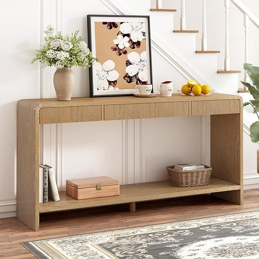 Modern Fluted Entryway Console Table 59’’ Long Entry Sofa Table with Drawers & Storage Shelf for Living Room Entrance Hallway, Easy Assembly, Brown
