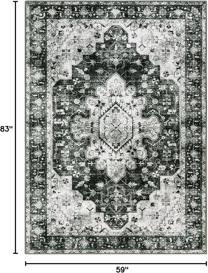 Moynesa Ultra-Thin Washable Vintage 5x7 Area Rugs - Large Boho Living Room Rug Non-Slip Non-Shedding Stain Resistant Indoor Floor Carpet for Bedroom Dining Room Entryway, Black/White