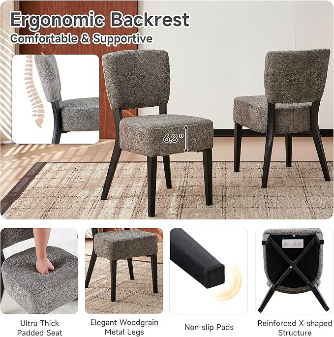 Howte Modern Dining Chairs Set of 2 with 6.3" Thick Seat Cushions, Space-Saving Stackable Upholstered Kitchen Chairs, Ergonomic Backrest & Black Metal Legs, Gray