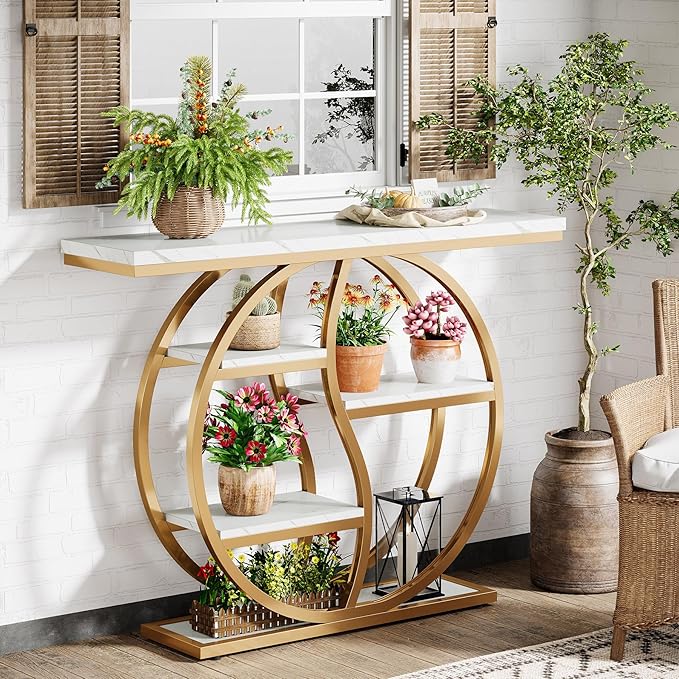 Tribesigns 47.24" Industrial Console Table, 5-Tier Entryway Table with Adjustable Feet, Narrow Long Sofa Table with Storage Shelves for Living Room, Hallway, Behind Couch, Anti-Tip Design (White Gold)