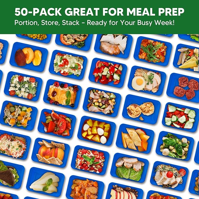 50 Pack Meal Prep Containers with Lids 38oz - BPA-Free, Reusable, Leakproof Food Storage Containers - Microwave/Dishwasher/Freezer Safe, To Go Take Out Plastic Food Storage Pans(Blue)