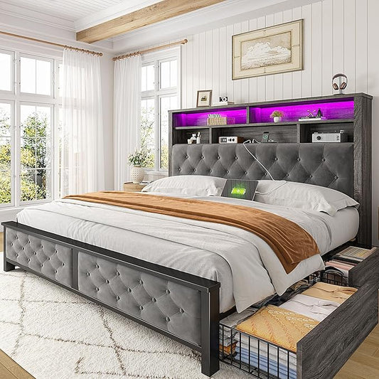 EnHomee Queen Bed Frame with Storage Headboard & 4 Drawers,Wooden Bed Frame Queen Size with Charging Station & LED Lights Upholstered,NO Noise,No Box Spring Needed,Gray