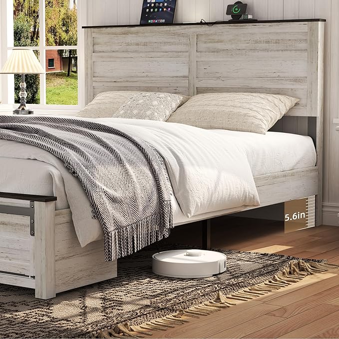 Wooden Bed Frame Queen Size with Headboard & Sliding Barn Door Storage Footboard, Farmhouse Platform Bedframe with Charging Station, No Box Spring Needed (Boho White, Queen)