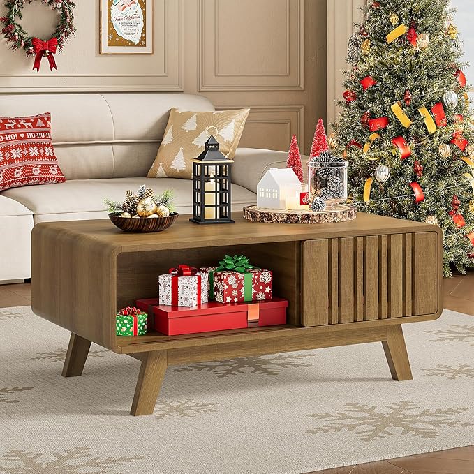 ONBRILL Coffee Table, Mid Century Modern Table with Storage Compartment, Fluted Table with Sliding Cabinet Door, Farmhouse Wood Coffee Table for Living Room (Natural)