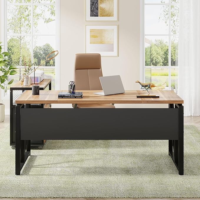 Tribesigns 63" L Shaped Desk with Drawer Cabinet, Executive Computer Desk and lateral File Cabinet, 2 Piece Home Office Furniture with Drawers for Hanging File, Doors with Locks (Brown, 63 inches)