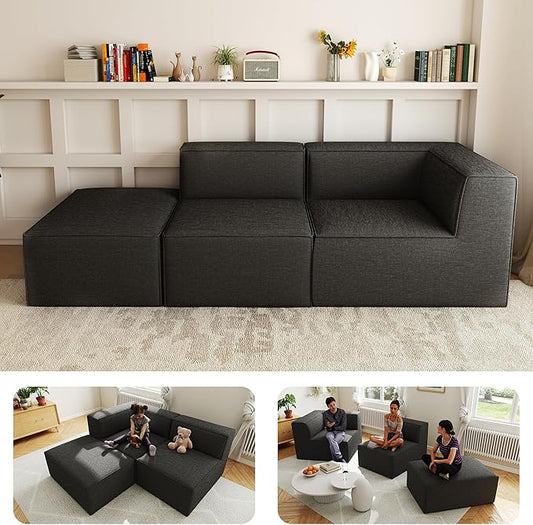 106" Sectional Compressed Sofa Modular Couches,High-Density Foam No Assembly Required,3-Piece(1xCorner 1xArmless 1xOttoman) for Living Room, Chenille Dark Gery