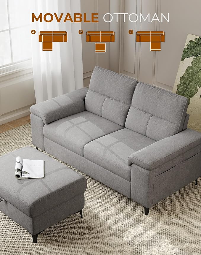 71.25" L Shaped Sectional Couches for Living Room, Deep Seat Sofa with Storage Ottoman & 8”Cushion, Comfy 2-Seater Chenille Loveseat, Convertible Armrest, Removable Cover for Small Space(Light Gray)