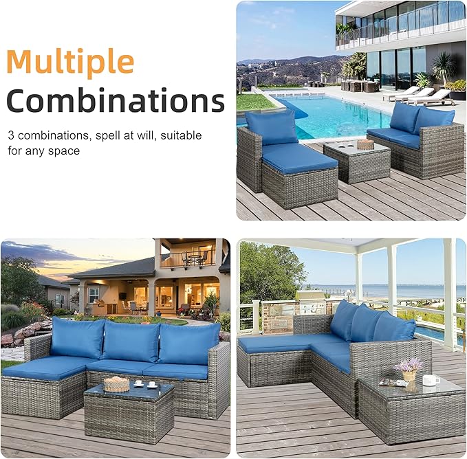 Shintenchi Outdoor Patio Furniture Sets, Small Outdoor Sofa Patio Sectional Sets 3-Piece All Weather Wicker Rattan Patio Seating Sofas with Glass Coffee Table and Cushion (Blue)