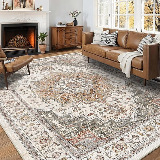 6x9 Area Rugs for Living Room Ultra-Soft Washable Rug Vintage Distressed Boho Area Rug, Non-Slip Retro Print Low Pile Stain Resistant Carpet for Bedroom Dining Room Kitchen Office