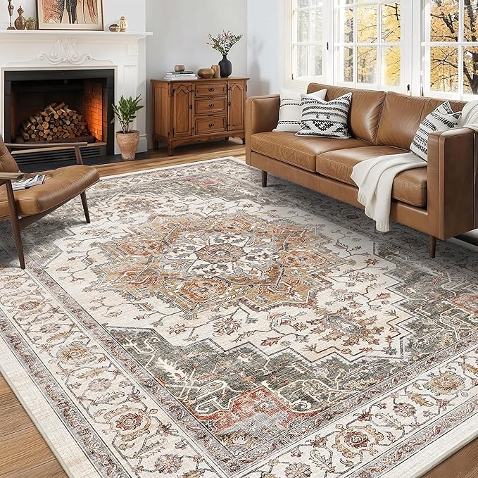 5x7 Area Rugs for Living Room Ultra-Soft Washable Rug Vintage Distressed Boho Area Rug, Non-Slip Retro Print Low Pile Stain Resistant Carpet for Bedroom Dining Room Kitchen Office