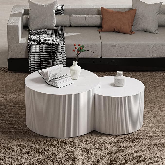 Round Nesting Coffee Table,Modern Fluted Coffee Tables Set of 2, Circle Vertical Stripe Design Drum Center Table Crescent Side Accent and Tables for Living Room (White)