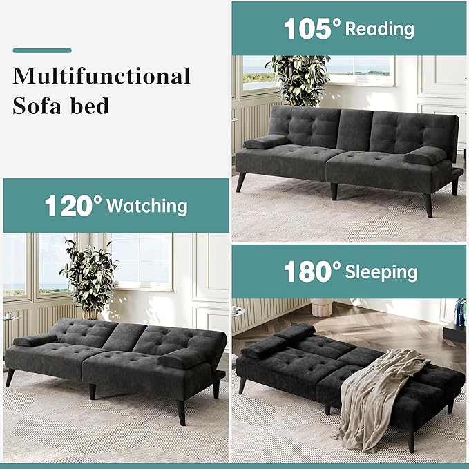 Meilocar Convertible Futon Sofa Bed Couch, Small Sofa Couch Recliner, 64" Adjustable Sleeper Sofa Bed for Living Room, Removable Armrest, 2 Cup Holders, Black