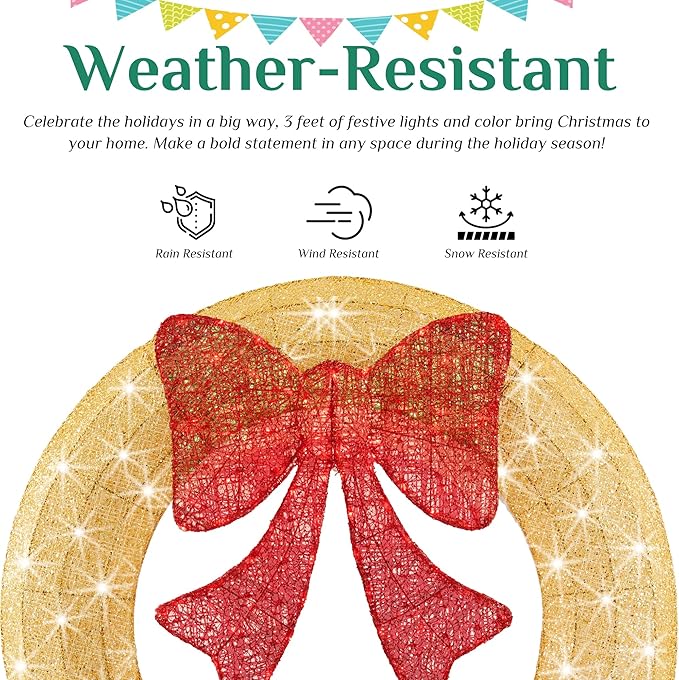 Sweetcrispy Pre-Lit Christmas Wreath, LED Lighted Holiday Outdoor Decoration with Bow for Door, Mantel, Wall, Windows, Front Door Decor, 47.5in Gold Wreath - Red Bow
