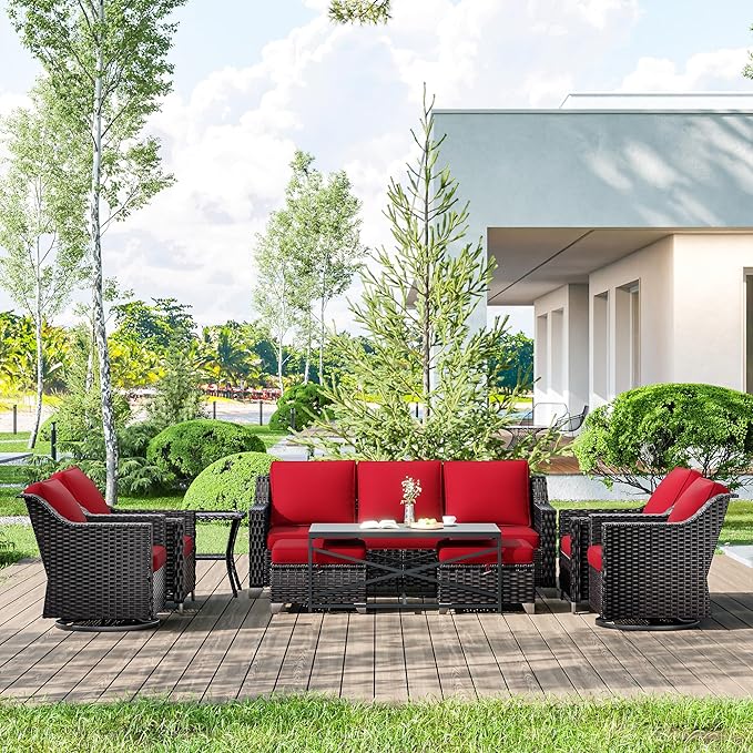 9 Pieces Wicker Patio Furniture, Luxury Outdoor Furniture with 2 Patio Swivel Chair, 2 Chair, 3-Seater Sofa, 2 Ottoman, 1 Coffee Table and 1 Side Table, Wide Armrest, Thickened Cushions
