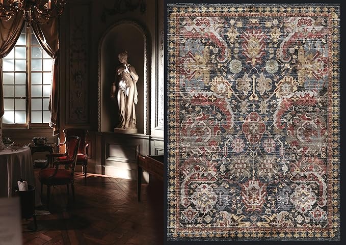 RUGSURE Washable Area Rugs - Perfect for Living Room, Bedroom, Kids Room, Nursery - Stain & Water Resistant Non-Slip, Pet & Child Friendly, Vintage Tribal Area Rugs (Rust, 5' x 7')