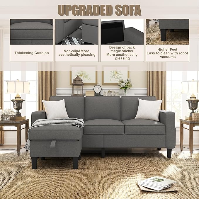 ZeeFu Couch for Living Room - 78'' Beige Linen 3 Seat L-Shaped Sectional Sofa Couches with Storage Ottoman - Modern Small Space Upholstered Furniture Sofa Set for Office Small Space Apartment Bedroom