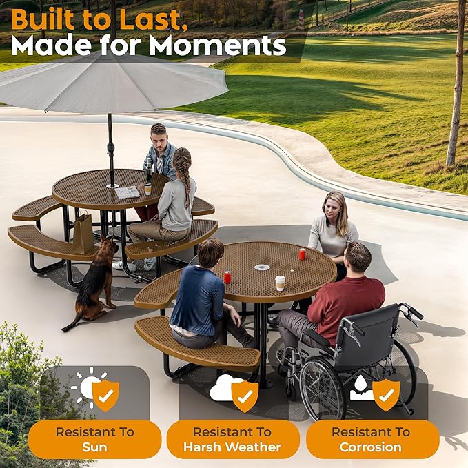 Metal Picnic Tables for Outdoors with Umbrella Hole - Coated Steel Heavy Duty Commercial Grade Furniture Set with Adjustable Seats (Brown, 46 in, Round, Expanded Steel)